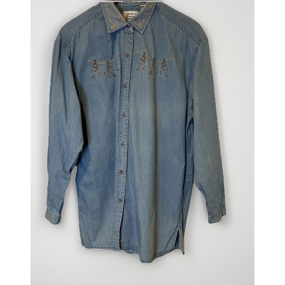 Vtg Northern Reflections Womens Blouse  XL Blue Embroidered 90s  Cottagecore